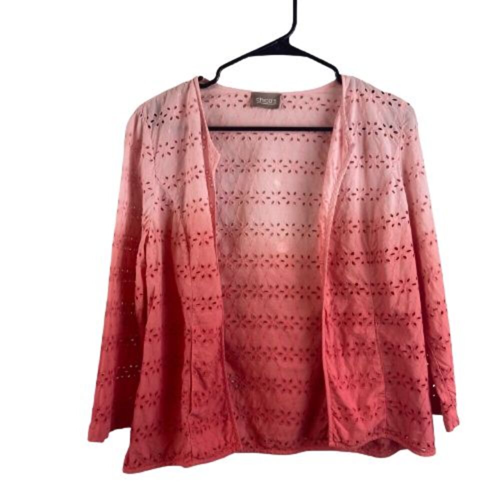 Chicos Jacket Womens Petite Small Open Front Cotton Eyelet Blazer 3/4 Sleeve